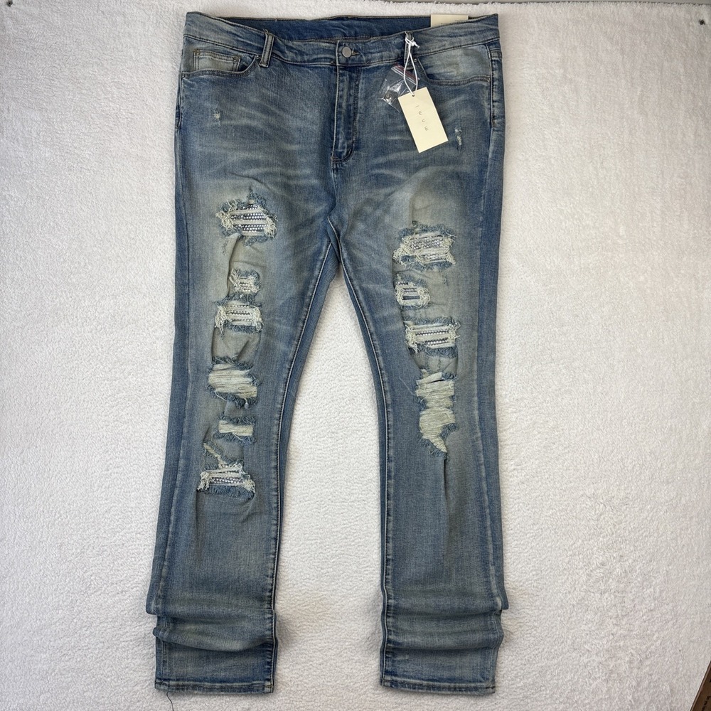 NEW MNML Rhinestone Heavy Distressed Jeans Mens 40/34 Blue Stretch Denim X201